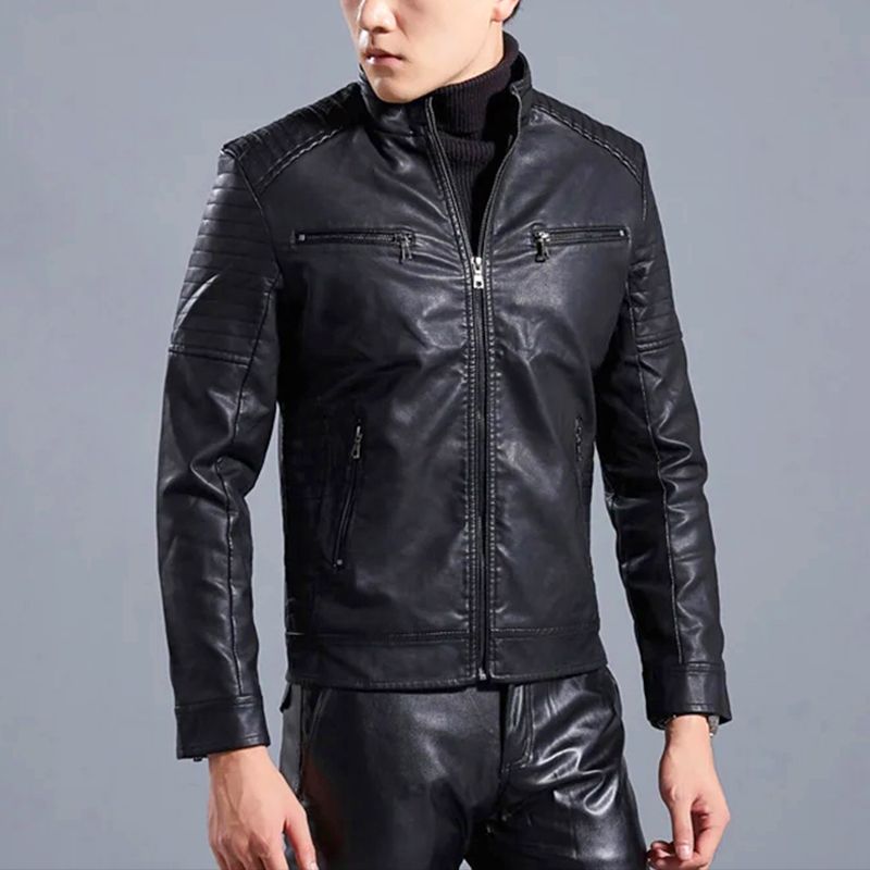 Leren heren bikerjack met opstaande kraag