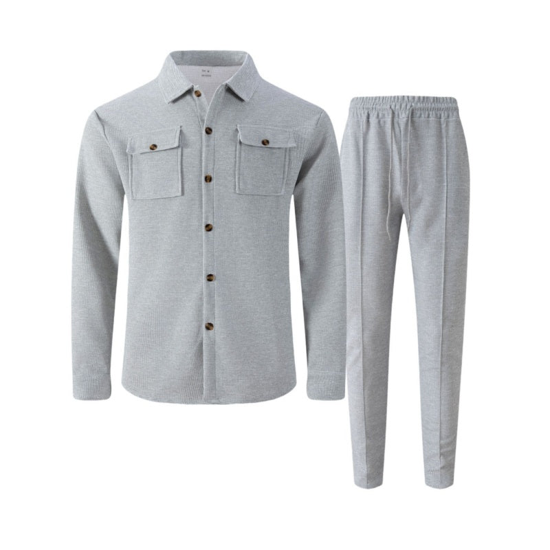 🔥Heren Wafel Doorknoop Jas & Broek Set – Ademende Wafel Brei, Ontspannen Pasvorm & Moeiteloze Casual Stijl 👕👖